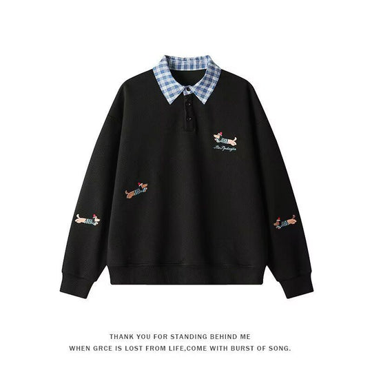 Damen Pullover mit stilvollem Karomuster und tierischem Motiv EB