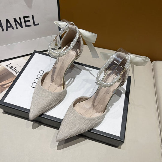 Damen schicke High Heels mit transparentem Riemen und zierlichem Perlenakzent EB