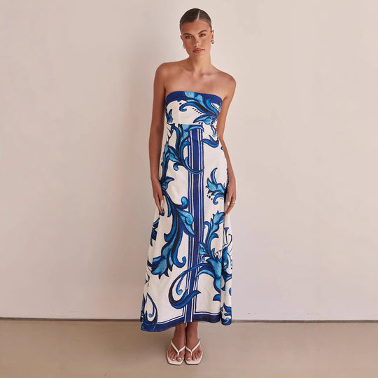 Damen Strapless Maxikleid mit floralem Design und elegantem A-Linien Schnitt EB