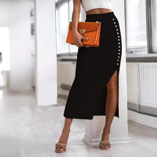 Damen Strickrock mit seitlichem Schlitz und Knopfleiste EB