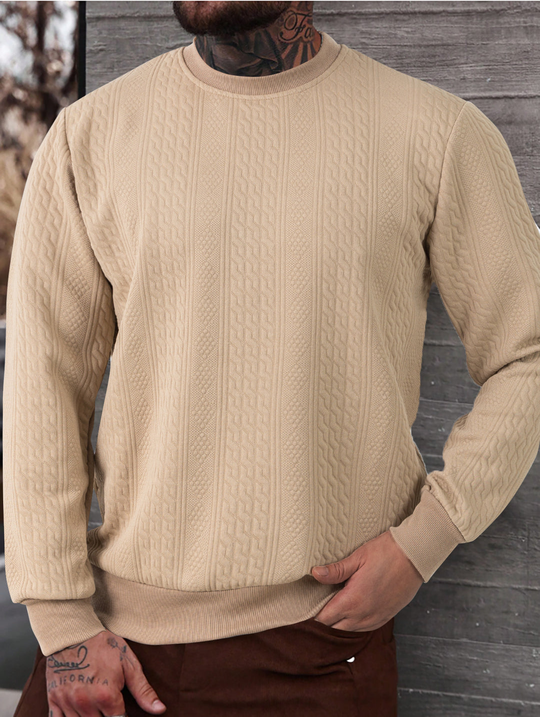 Herren nan texturiertes Rundhals-Sweatshirt mit feiner Waffelstruktur und gerippten Bündchen EB