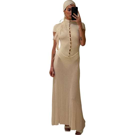 Damen Elegantes Maxikleid mit kurzer Knopfleiste und transparentem Stoff EB