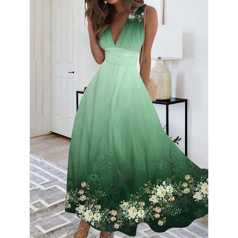 Damen Maxikleid mit tiefem V-Ausschnitt und floralem Wasserfarben-Muster EB