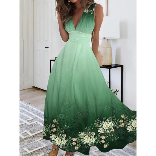 Damen Maxikleid mit tiefem V-Ausschnitt und floralem Wasserfarben-Muster EB