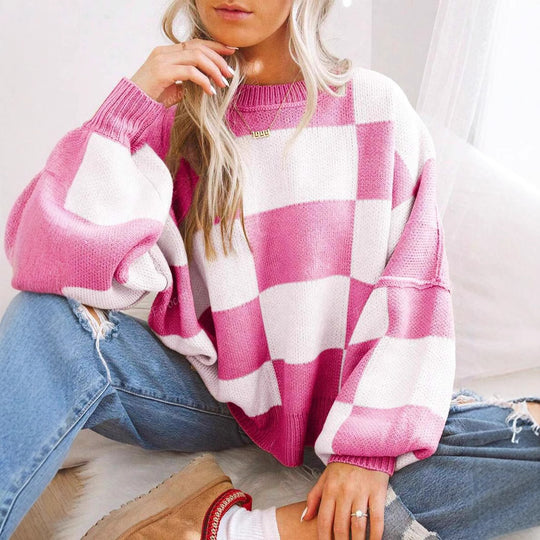 Damen modischer Pullover mit Karomuster und weitem Schnitt EB