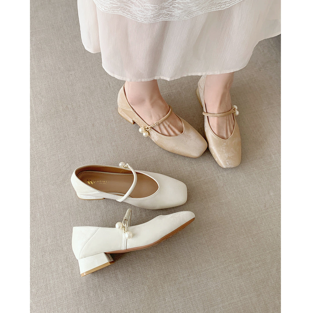 Damen Ballerinas mit Perlenschmuck und bequemem Blockabsatz EB