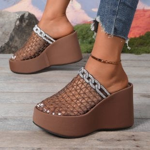 Damen Plateau-Pantoletten mit Netzdesign und Glitzerakzenten EB