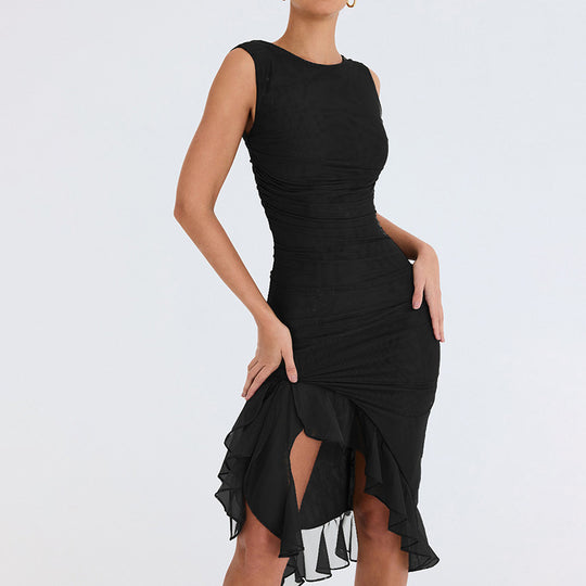 Damen figurbetontes Cocktailkleid mit raffinierten Rüschendetails und asymmetrischem Saum EB