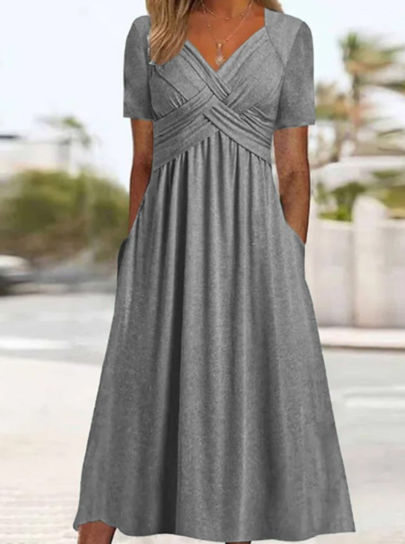 Damen nan fließendes Maxikleid mit gekreuzter Passe V-Ausschnitt Kurzarm und Eingrifftaschen EB