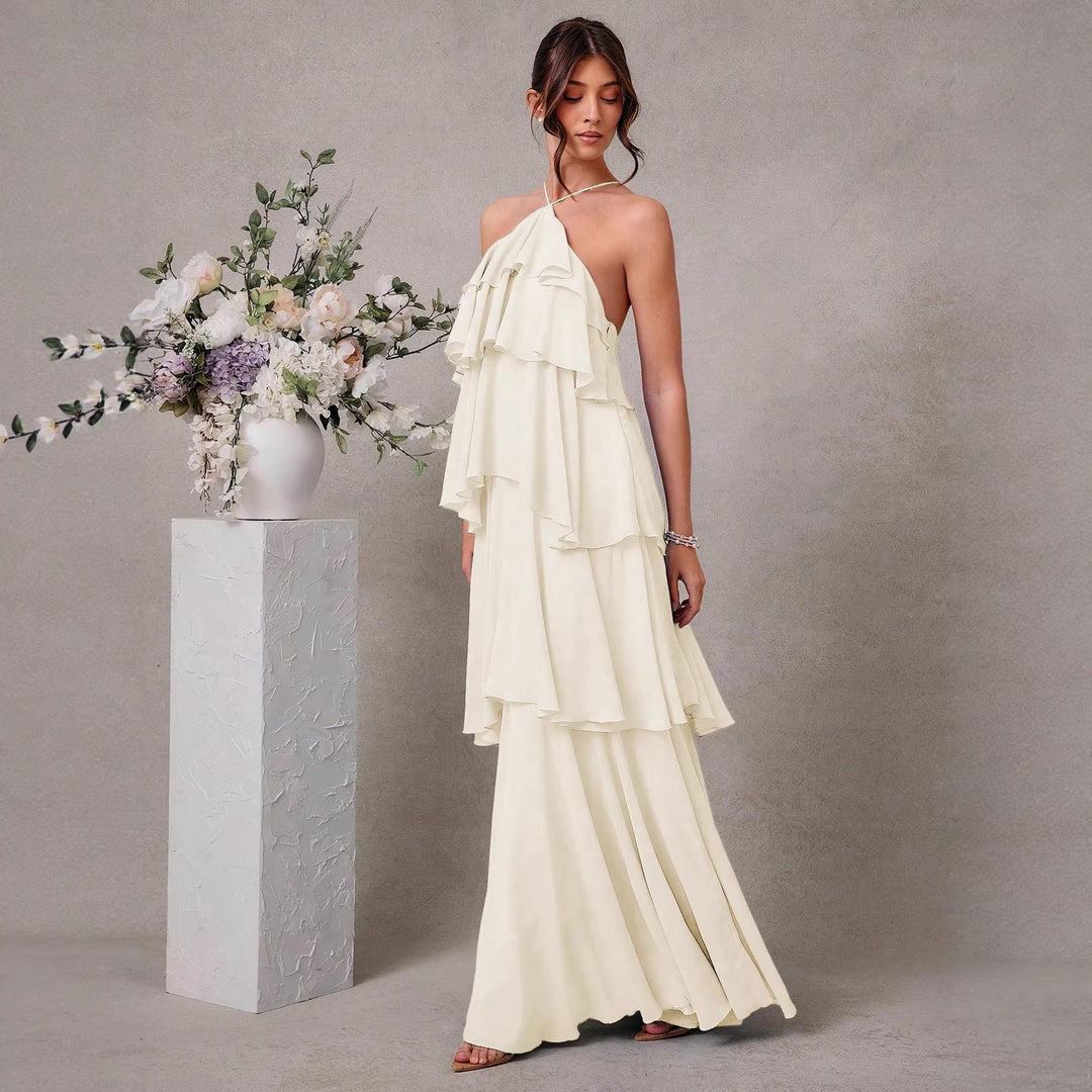 Damen Maxikleid mit voluminösen Rüschendetails und elegantem V-Ausschnitt EB