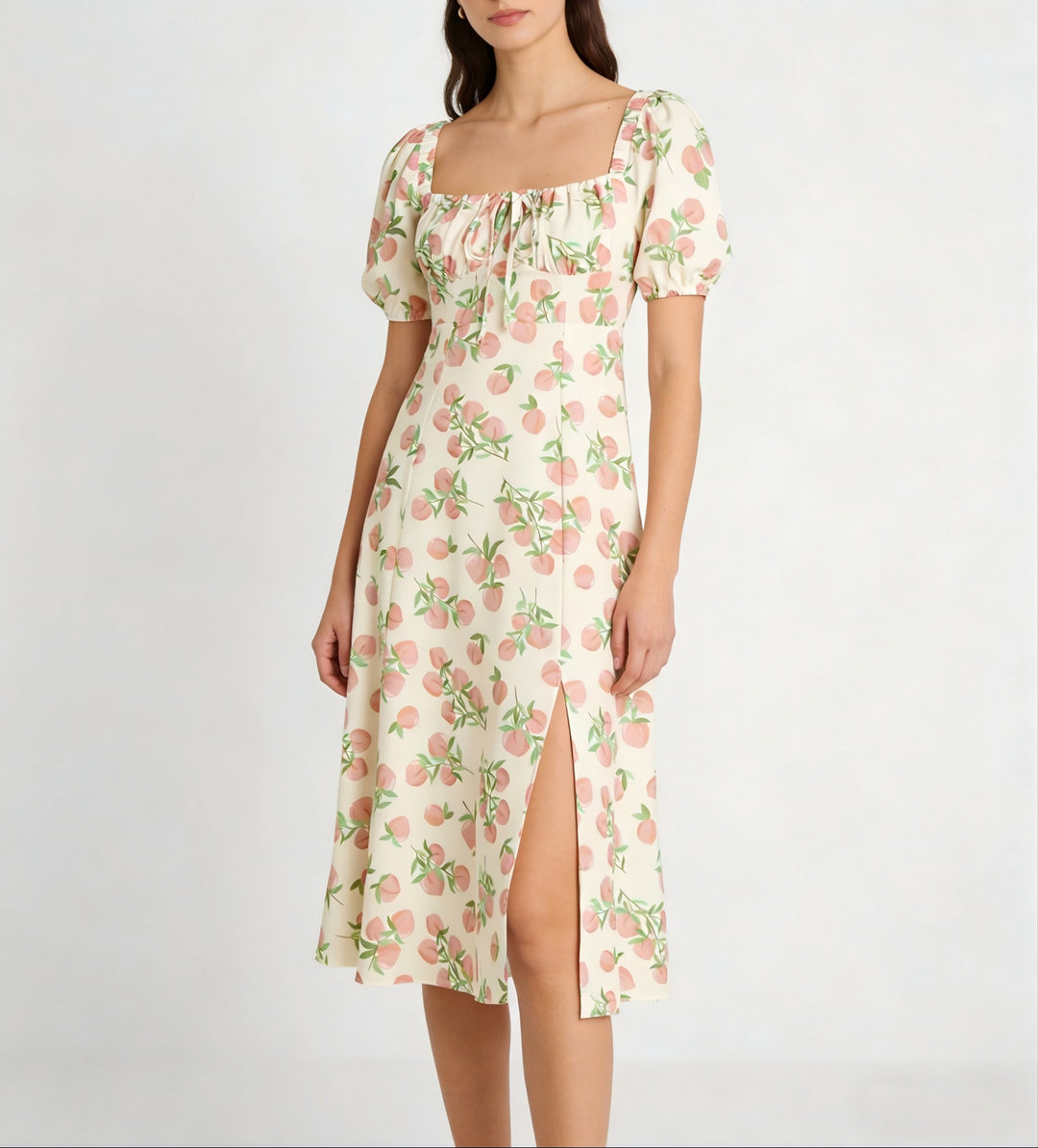 Damen Maxikleid mit pflanzlichem Muster und raffiniertem Schlitz EB
