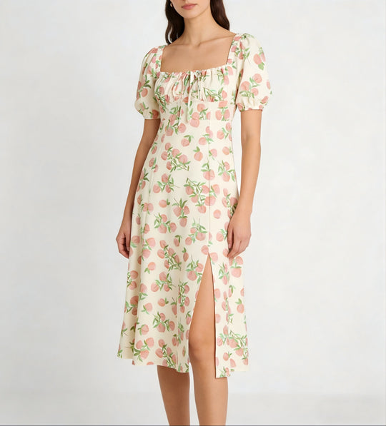 Damen Maxikleid mit pflanzlichem Muster und raffiniertem Schlitz EB