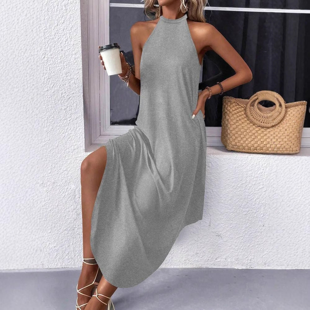 Damen lässiges Sommermaxikleid mit elegantem Halternetz und praktischen Taschen EB