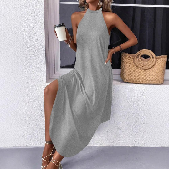 Damen lässiges Sommermaxikleid mit elegantem Halternetz und praktischen Taschen EB