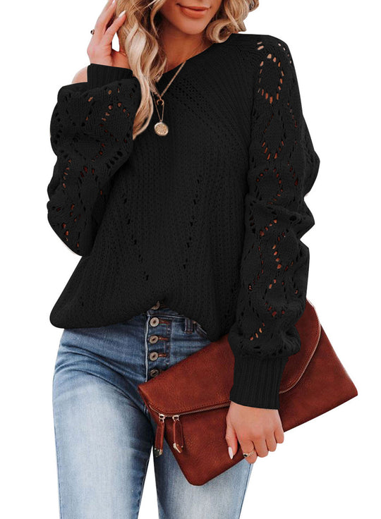 Damen Eleganter Strickpullover mit luftiger Häkelstruktur und weiten Ärmeln EB