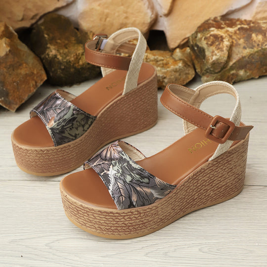 Damen Wedge-Sandalen mit floralem Design und verstellbarem Riemen EB