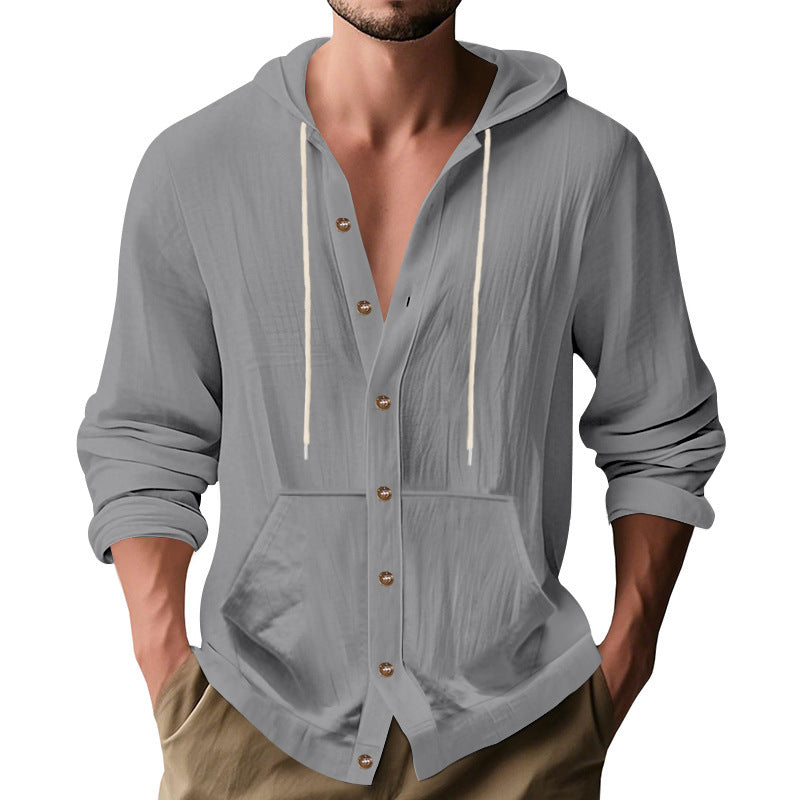 Herren nan figurbetonte Kapuzenhemd-Jacke aus Baumwollmix mit Druckknopfleiste und Kängurutasche EB