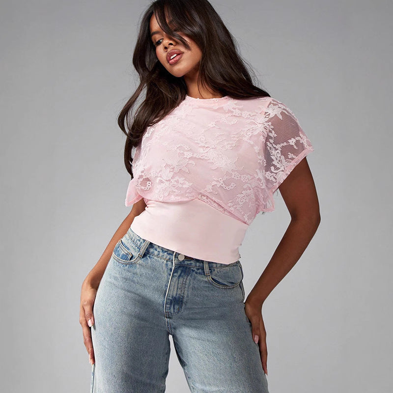 Damen Elegant strukturiertes Oberteil mit Spitzendetails EB