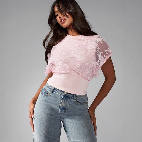 Damen Elegant strukturiertes Oberteil mit Spitzendetails EB
