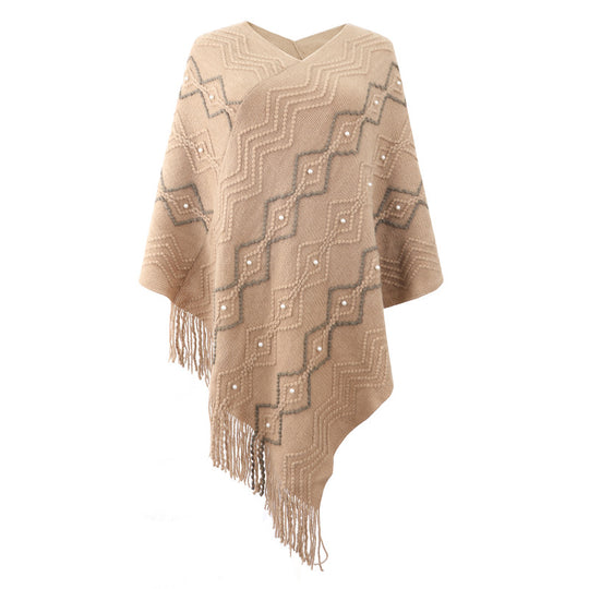 Damen eleganter Poncho mit auffälligem Strukturmuster und dekorativen Fransen EB