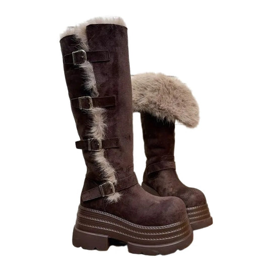 Damen Fleecegefütterte Winterstiefel mit modischen Schnallen und platform Sohle EB