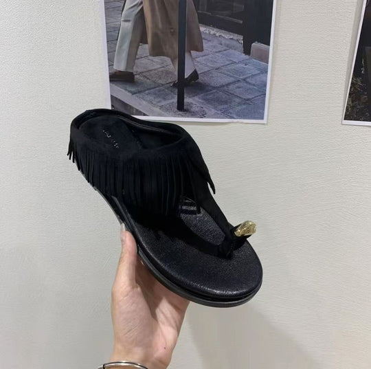 Damen elegante Flip-Flops mit fransiger Lederoptik und komfortablem Fußbett EB