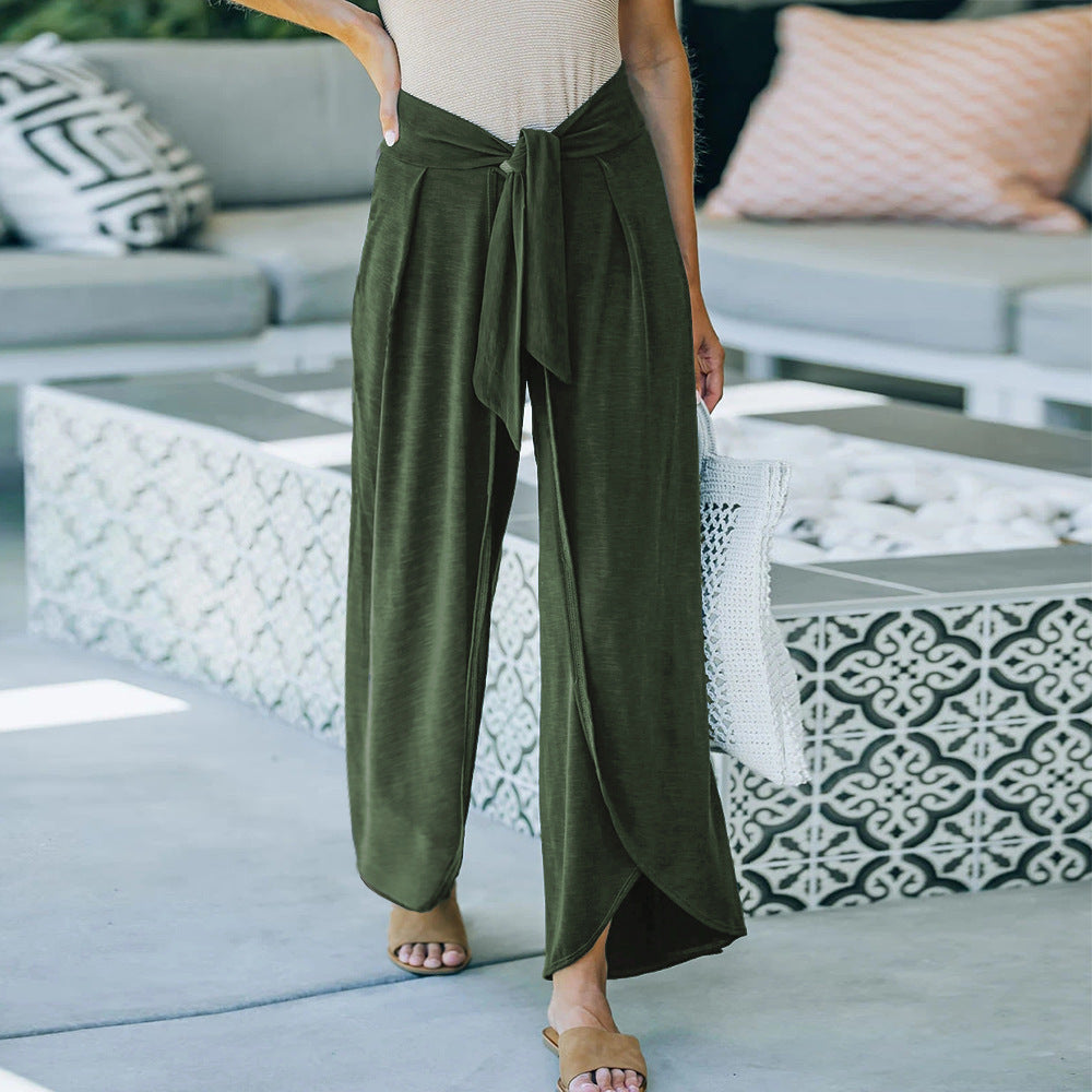 Damen elegante Palazzo-Hose mit stylichem Bindegürtel und hohem Bund EB
