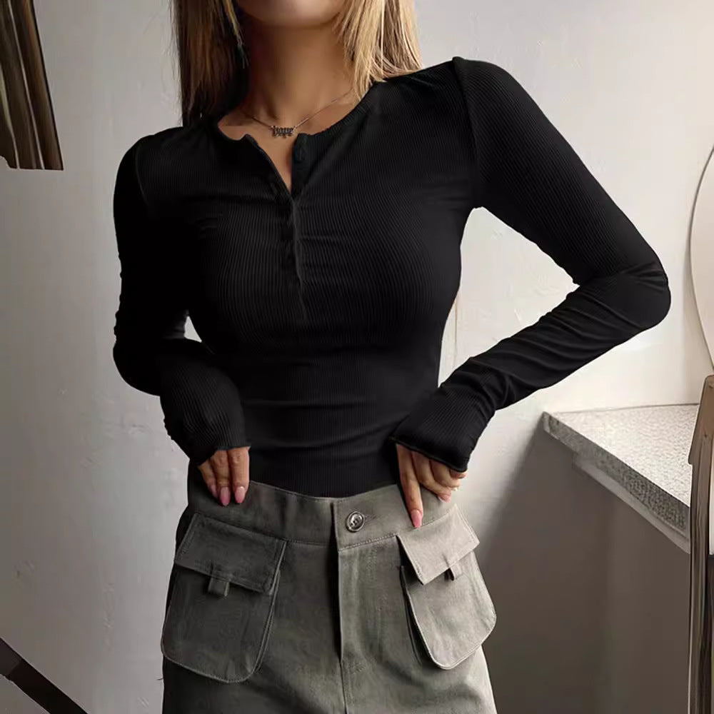 Damen Langarmshirt mit Knopfleiste und feiner Rippstruktur EB