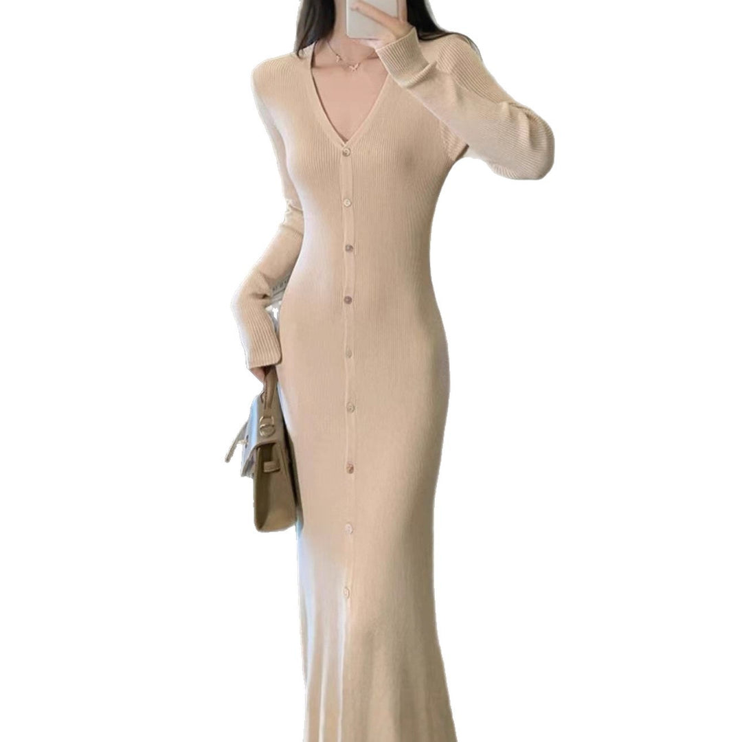 Damen Elegantes Maxikleid mit Knopfdetails und V-Ausschnitt EB