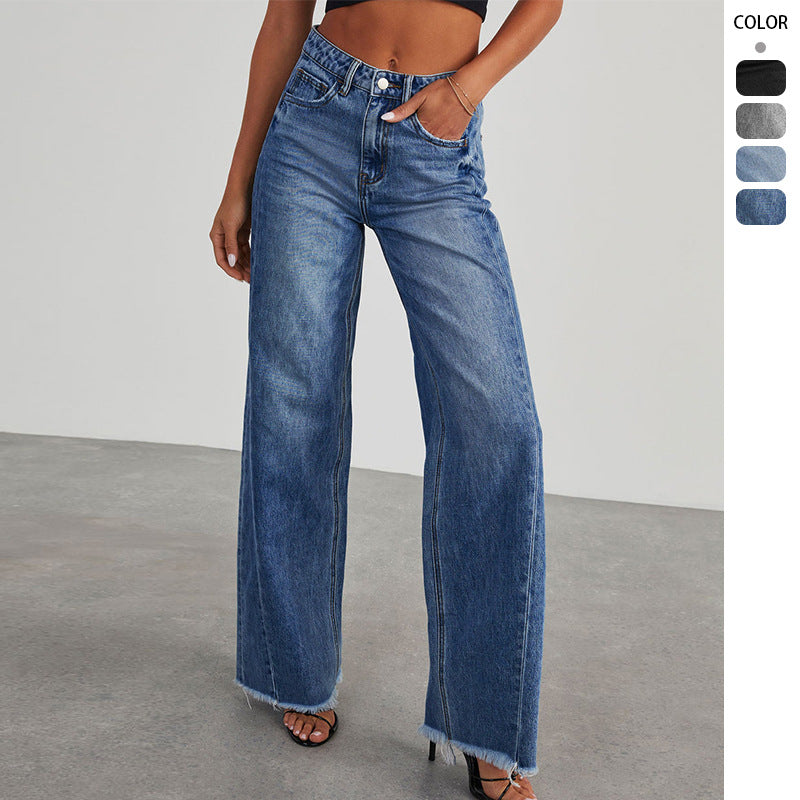 Damen nan hochgeschnittene Wide-Leg-Jeans mit rohem Fransensaum und geradem Bein EB