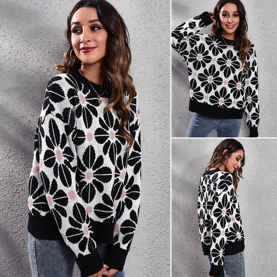 Damen Gemusterter Strickpullover mit floralem Design und hohem Kragen EB