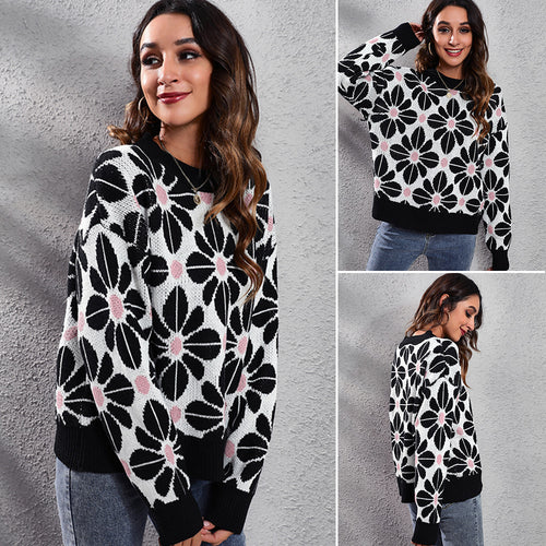 Damen Gemusterter Strickpullover mit floralem Design und hohem Kragen EB