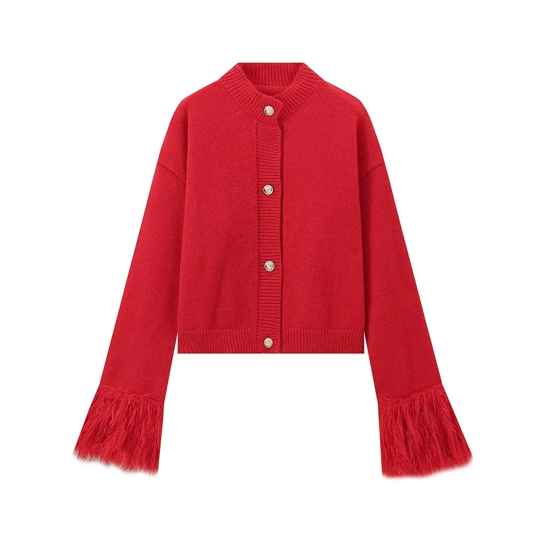 Damen lässige Strickjacke mit dekorativen Fransen und hochwertigen Knöpfen EB