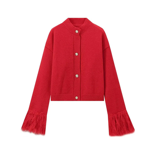 Damen lässige Strickjacke mit dekorativen Fransen und hochwertigen Knöpfen EB