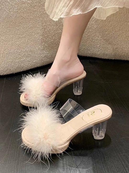 Damen Glamouröse Sommer Mules mit transparentem Riemen und plüschiger Verzierung EB