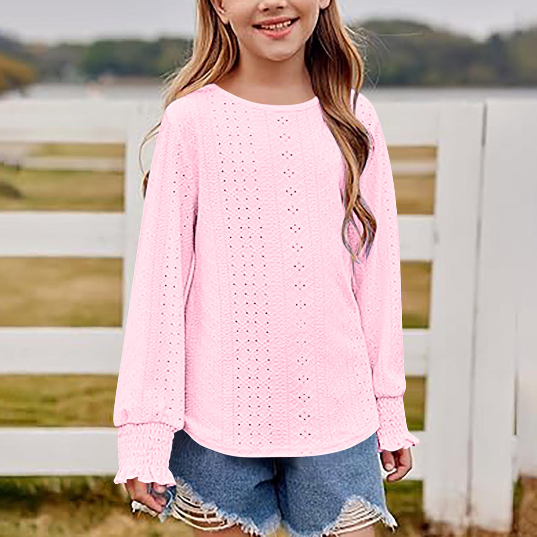 Damen Ajourgestricktes Oversize-Pullover-Shirt mit Ballonärmeln und Rüschenbündchen EB