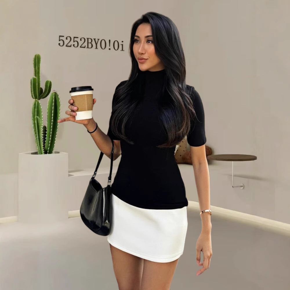 Damen Elegantes Oberteil mit hohem Kragen und kurzen Ärmeln EB