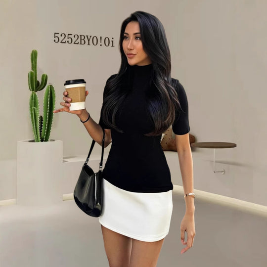 Damen Elegantes Oberteil mit hohem Kragen und kurzen Ärmeln EB