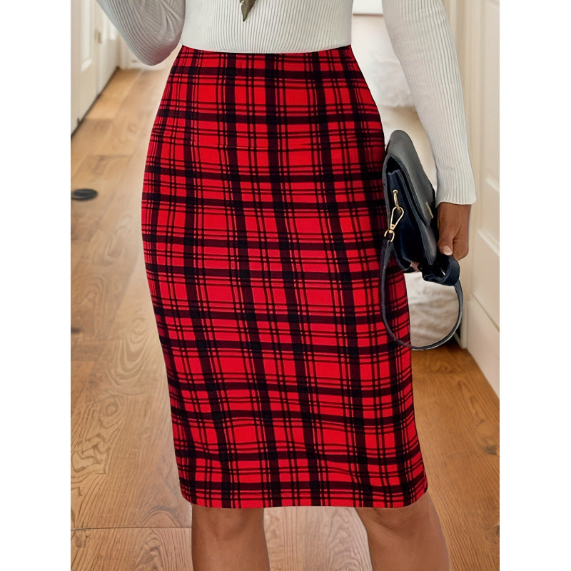 Damen Karierter Midi-Rock im Stretch-Stil mit figurbetontem Schnitt EB