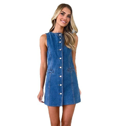 Damen Jeanskleid im modernen A-Linien Schnitt mit Knopfleiste und praktischen Taschen EB