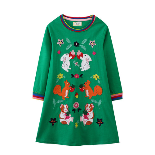 Mädchen Langarm-Kleid mit bunten Tier- und Blumenstickereien EB