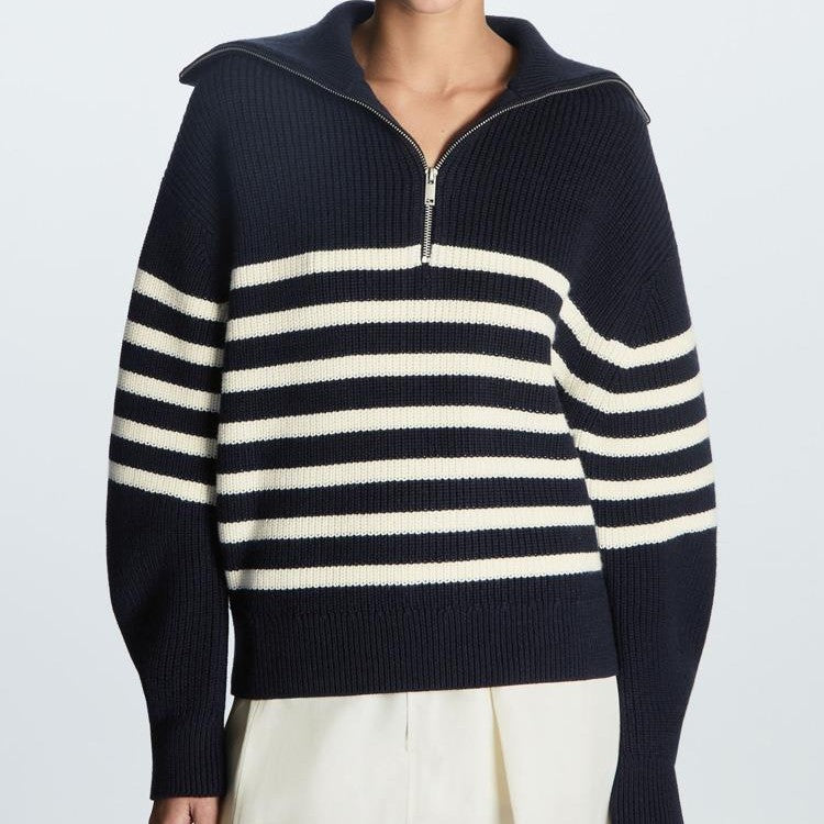 Damen Gestreifter Half‑Zip Strickpullover mit Matrosenkragen und überschnittener Schulter EB