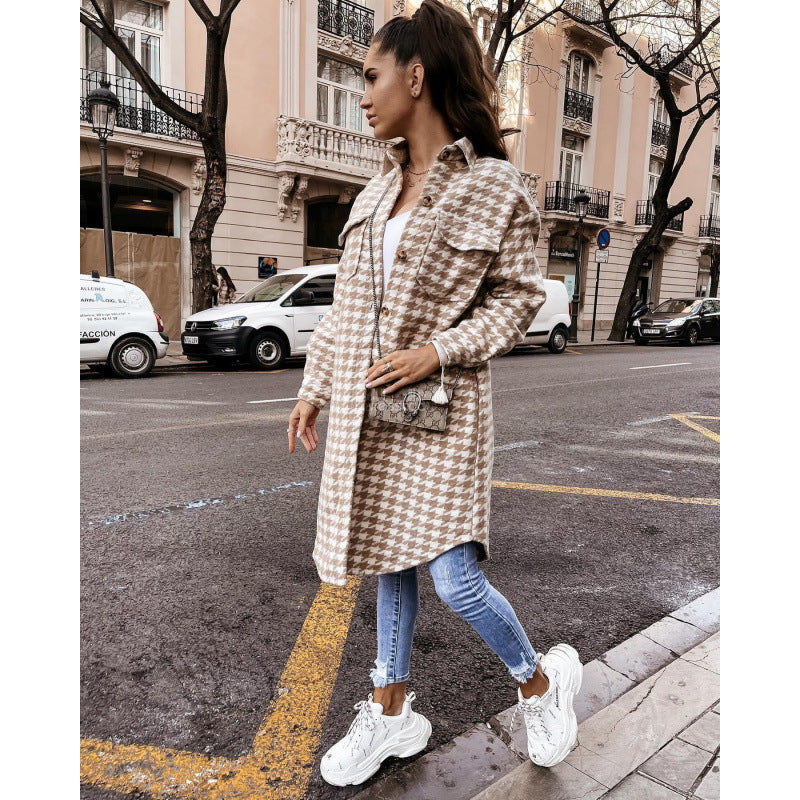 Damen Hahnentritt-Muster Oversized Hemdjacke EB
