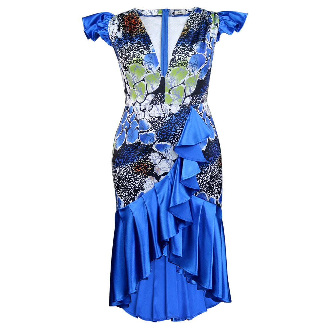 Damen Festliches Kleid mit voluminösem Rüschensaum und tiefem V-Ausschnitt EB