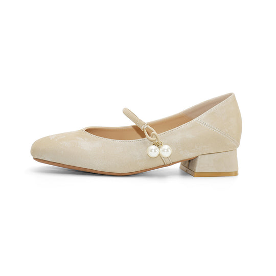 Damen Ballerinas mit Perlenschmuck und bequemem Blockabsatz EB