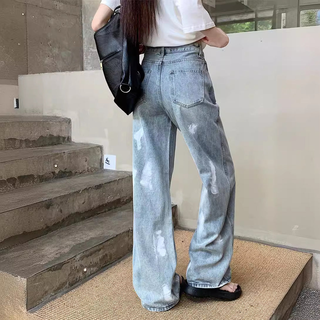 Damen Weite High-Waist Jeans mit minimalistischem Design und stylischen Waschungen EB