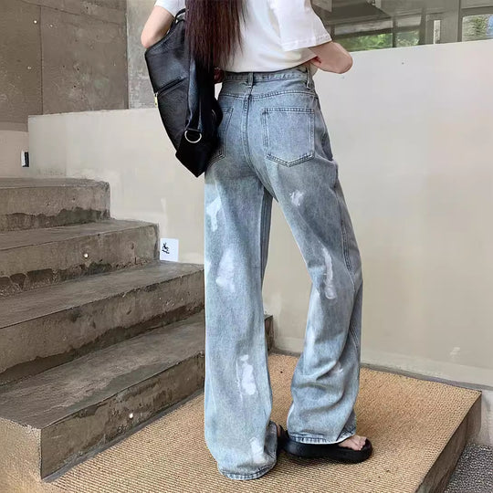 Damen Weite High-Waist Jeans mit minimalistischem Design und stylischen Waschungen EB
