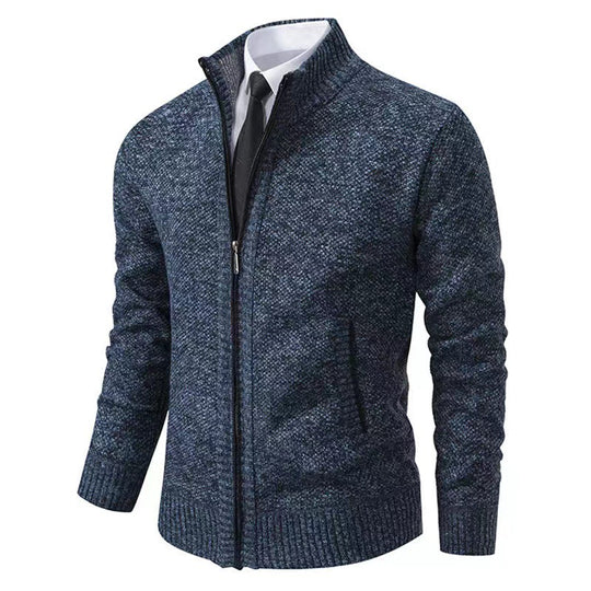Herren nan melierte Strickzipjacke mit hohem Stehkragen, feiner Struktur und verdeckten Eingrifftaschen EB