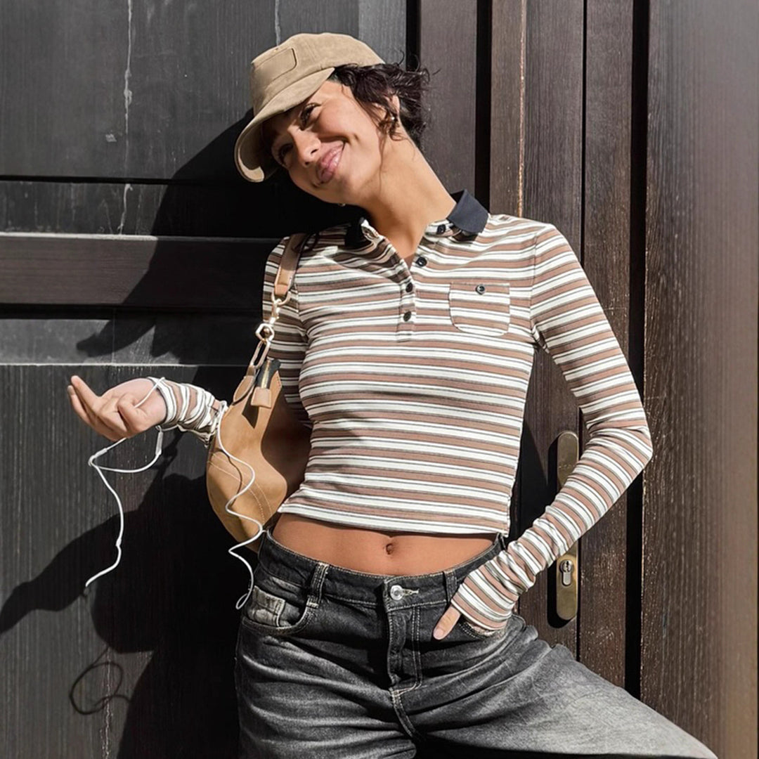 Damen nan gestreiftes Polo-Crop-Longsleeve mit kontrastkragen und Brusttasche EB