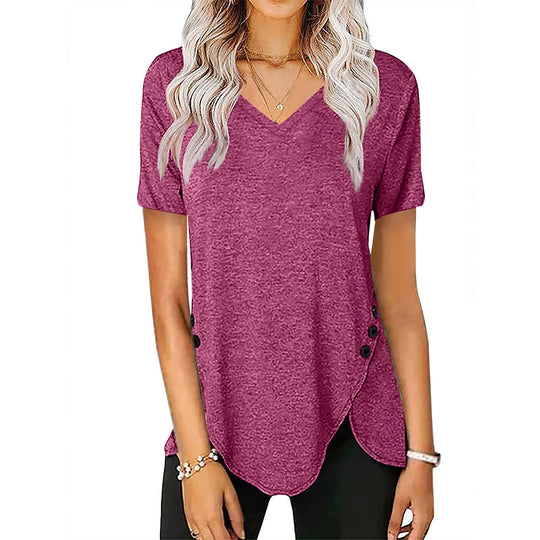 Damen lässiges V-Ausschnitt T-Shirt mit asymmetrischem Saum und dekorativen Knopfdetails EB
